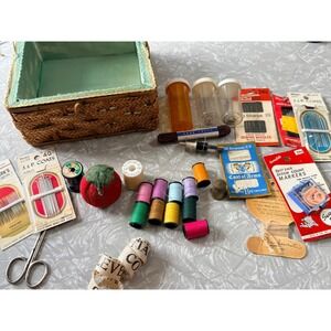 Vintage Wicker Sewing Basket with Notions Tomato Pincushion Thread Needles Lot